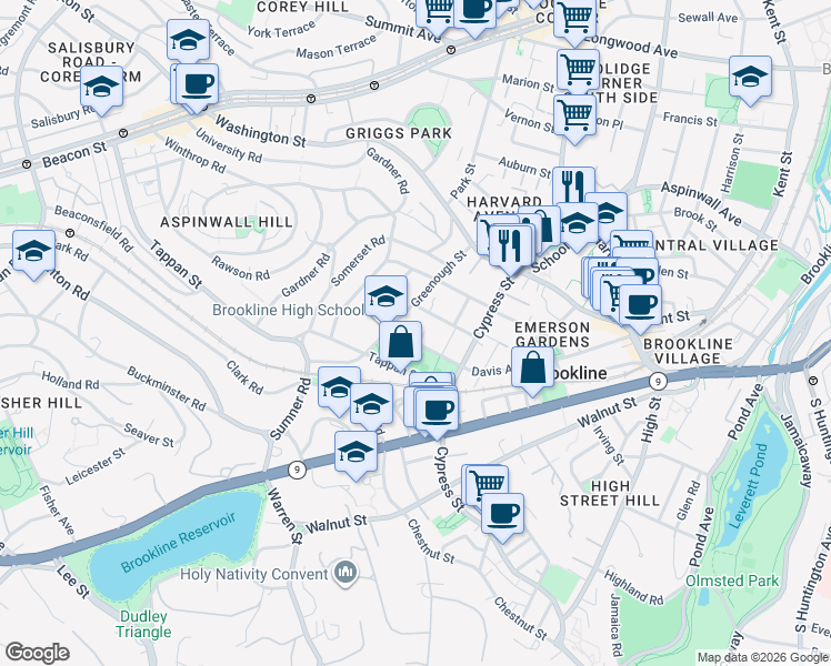 map of restaurants, bars, coffee shops, grocery stores, and more near 185 Davis Avenue in Brookline