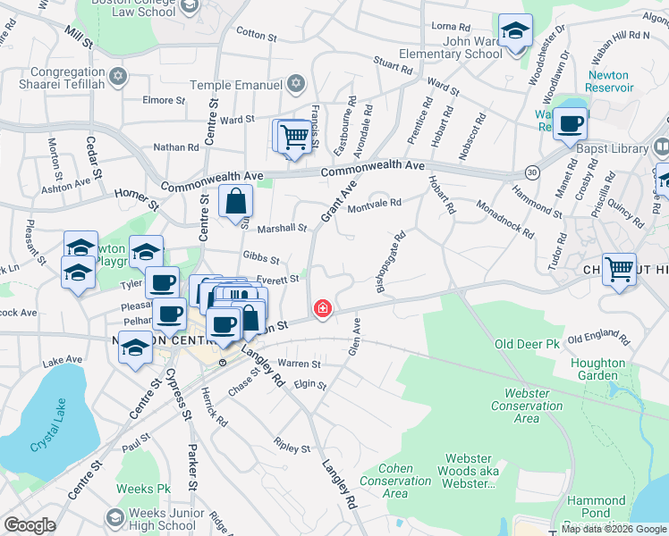 map of restaurants, bars, coffee shops, grocery stores, and more near 65 Gray Cliff Road in Newton