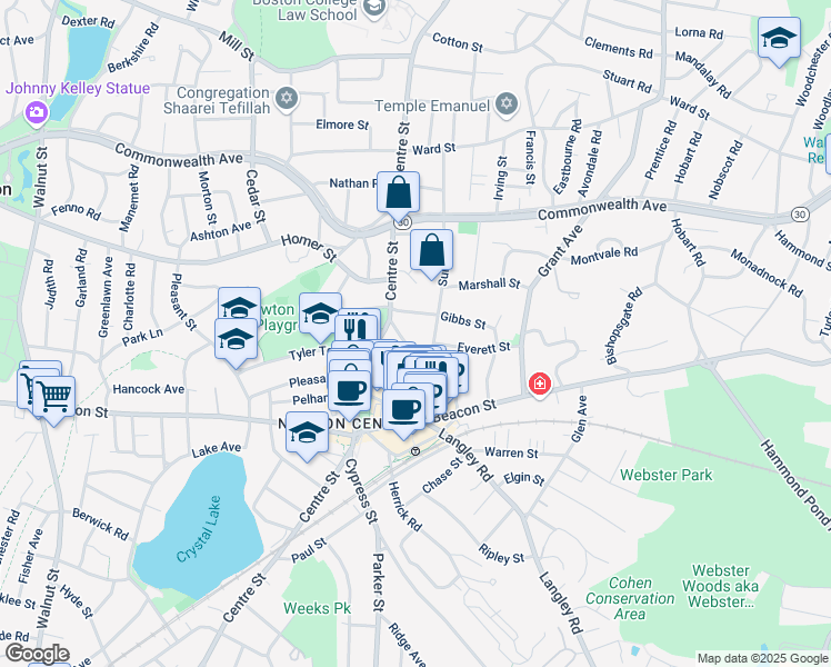 map of restaurants, bars, coffee shops, grocery stores, and more near 14 Willow Street in Newton