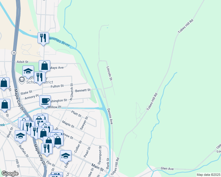 map of restaurants, bars, coffee shops, grocery stores, and more near 161 Lincoln Street in Hornell