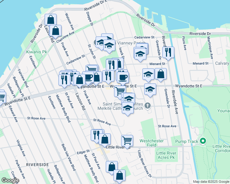 map of restaurants, bars, coffee shops, grocery stores, and more near 8335 Wyandotte Street East in Windsor
