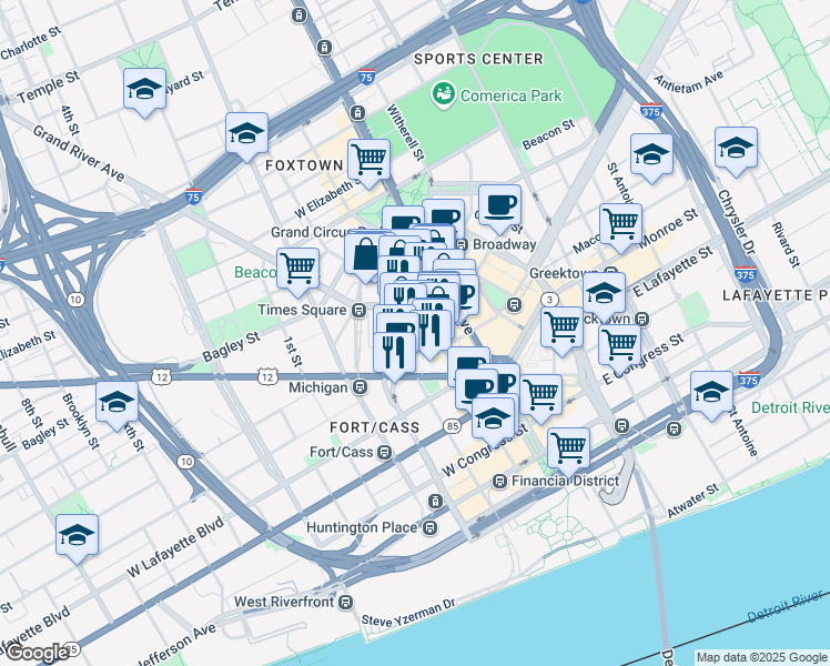 map of restaurants, bars, coffee shops, grocery stores, and more near 1119 Washington Boulevard in Detroit