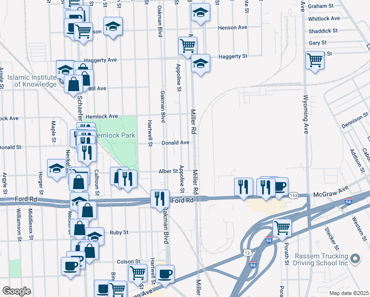map of restaurants, bars, coffee shops, grocery stores, and more near 5942 Appoline Street in Dearborn