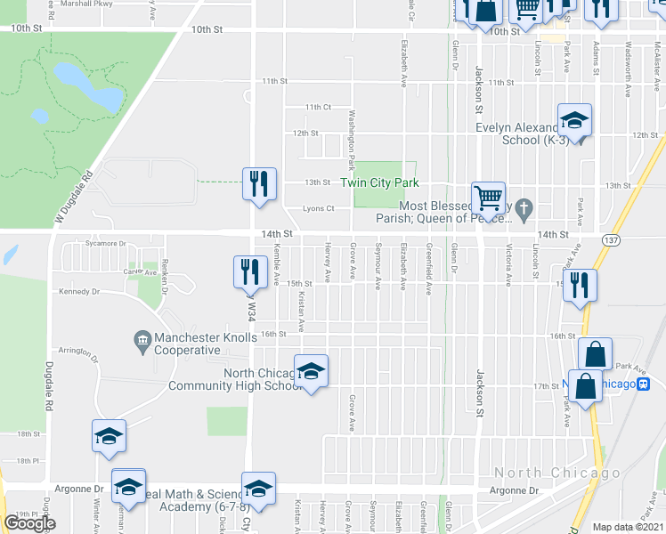 map of restaurants, bars, coffee shops, grocery stores, and more near 1435 Hervey Avenue in North Chicago