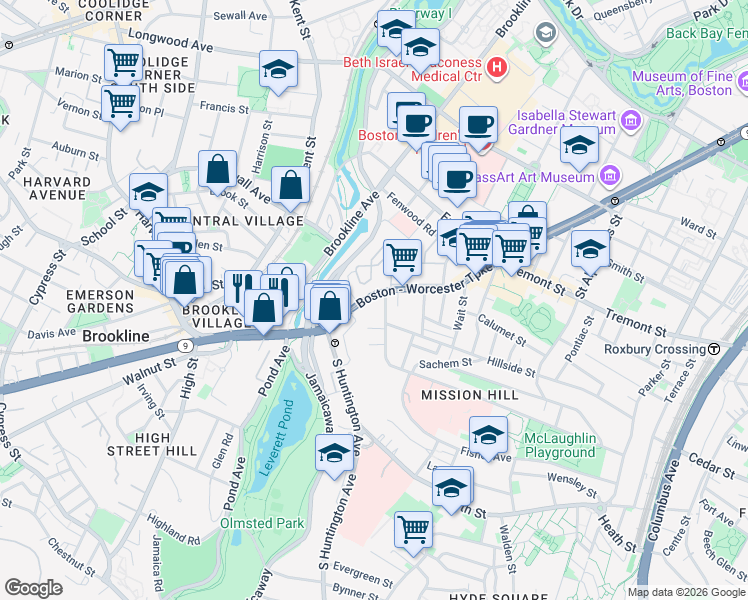 map of restaurants, bars, coffee shops, grocery stores, and more near 852 Huntington Avenue in Boston