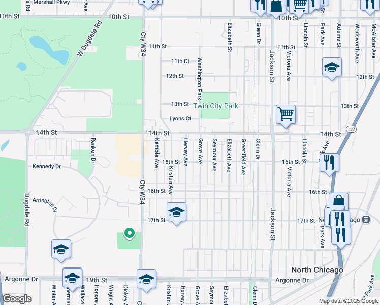 map of restaurants, bars, coffee shops, grocery stores, and more near 1435 Hervey Avenue in North Chicago