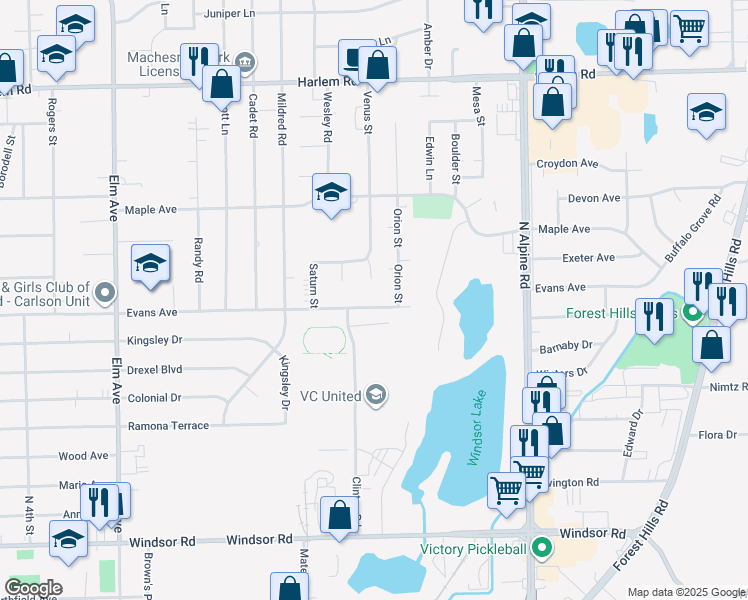 map of restaurants, bars, coffee shops, grocery stores, and more near 1722 Evans Avenue in Loves Park