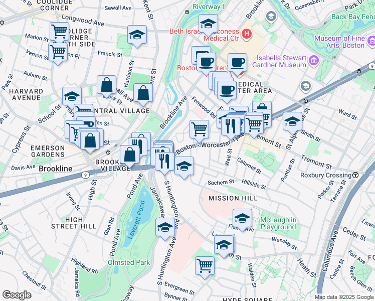 map of restaurants, bars, coffee shops, grocery stores, and more near 852 Huntington Avenue in Boston