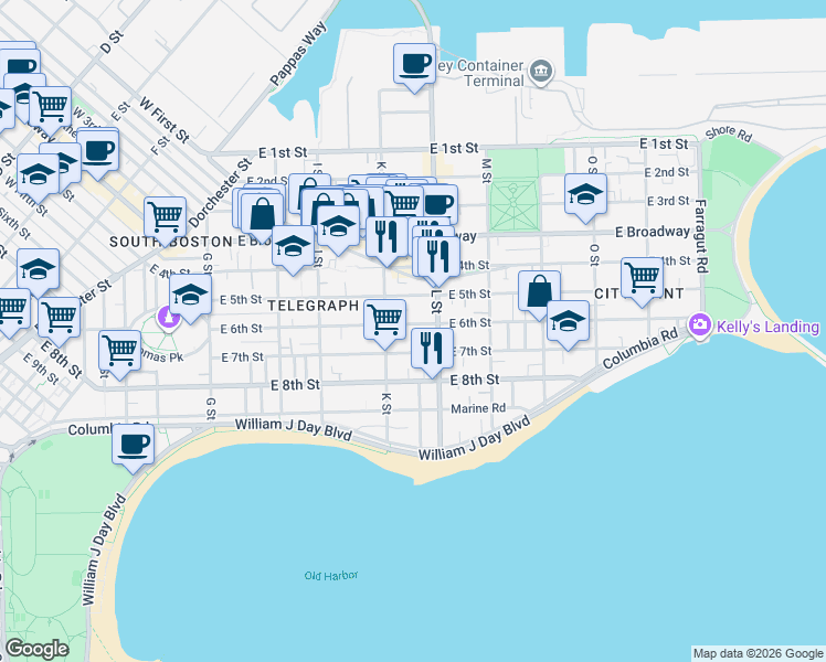 map of restaurants, bars, coffee shops, grocery stores, and more near 589 East 6th Street in Boston