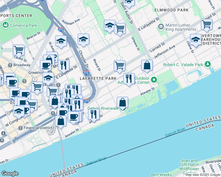 map of restaurants, bars, coffee shops, grocery stores, and more near 1300 East Jefferson Avenue in Detroit