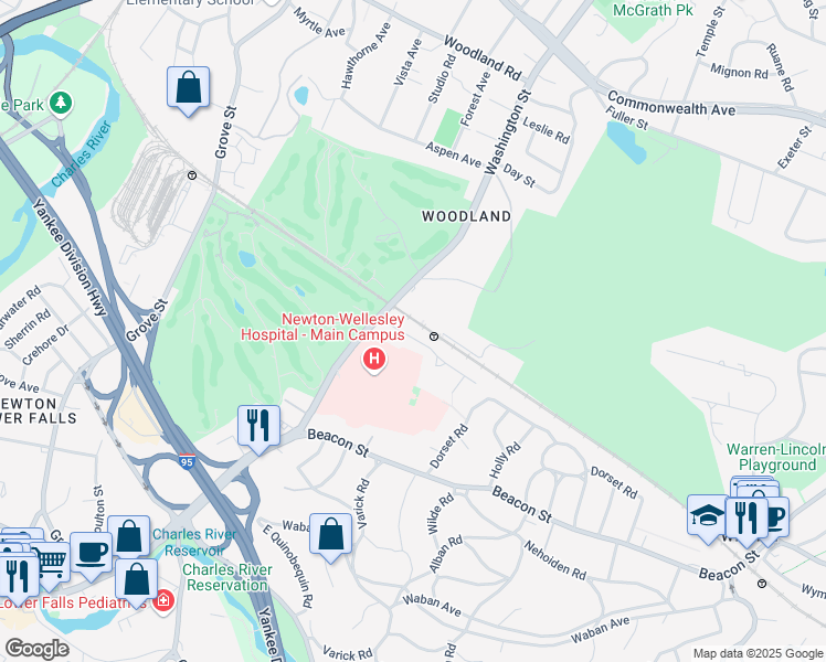 map of restaurants, bars, coffee shops, grocery stores, and more near 30 Longfellow Road in Newton