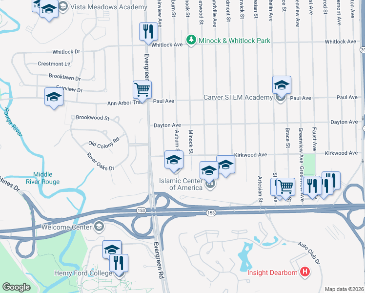 map of restaurants, bars, coffee shops, grocery stores, and more near 6036 Auburn Street in Detroit
