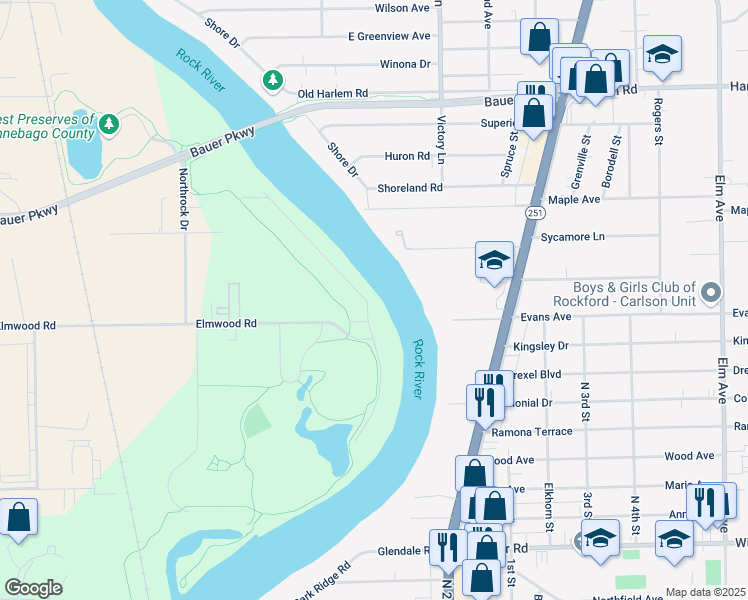 map of restaurants, bars, coffee shops, grocery stores, and more near 5055 Browns Beach Road in Rockford