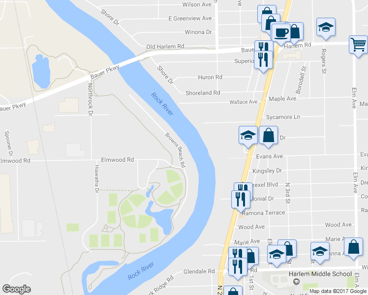 map of restaurants, bars, coffee shops, grocery stores, and more near 5055 Browns Beach Road in Rockford