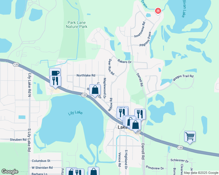 map of restaurants, bars, coffee shops, grocery stores, and more near 337 Willow Road in Lakemoor