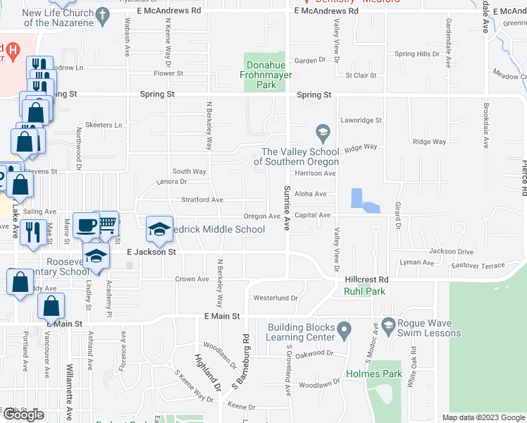 map of restaurants, bars, coffee shops, grocery stores, and more near 401 Barnes Avenue in Medford