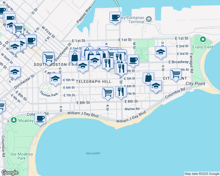 map of restaurants, bars, coffee shops, grocery stores, and more near 589 E 6th St in Boston