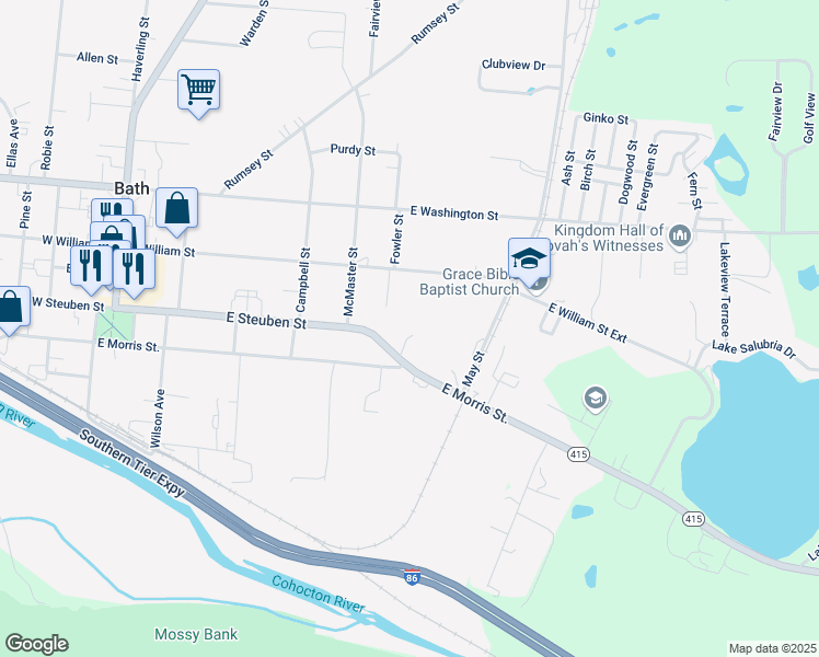 map of restaurants, bars, coffee shops, grocery stores, and more near 225 East Steuben Street in Bath