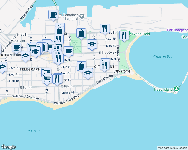 map of restaurants, bars, coffee shops, grocery stores, and more near 1 O Street Place in Boston