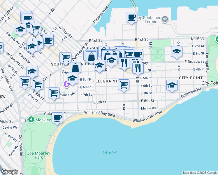 map of restaurants, bars, coffee shops, grocery stores, and more near 151 I Street in Boston