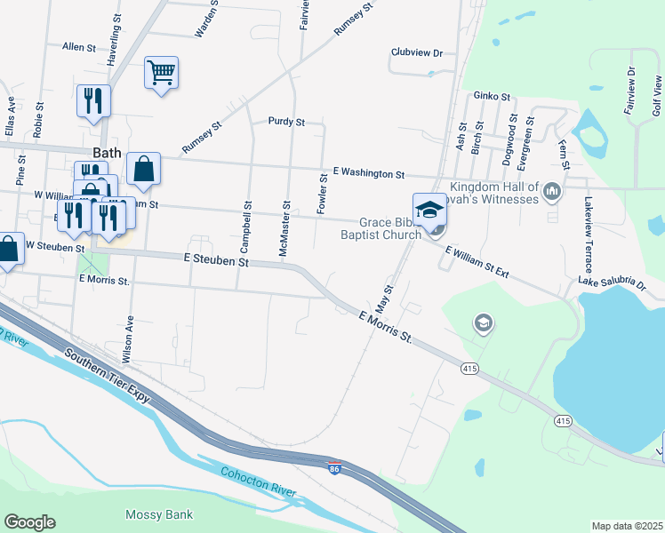map of restaurants, bars, coffee shops, grocery stores, and more near 225 East Steuben Street in Bath