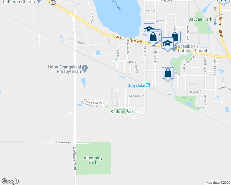 map of restaurants, bars, coffee shops, grocery stores, and more near 544 Topeka Drive in Grayslake