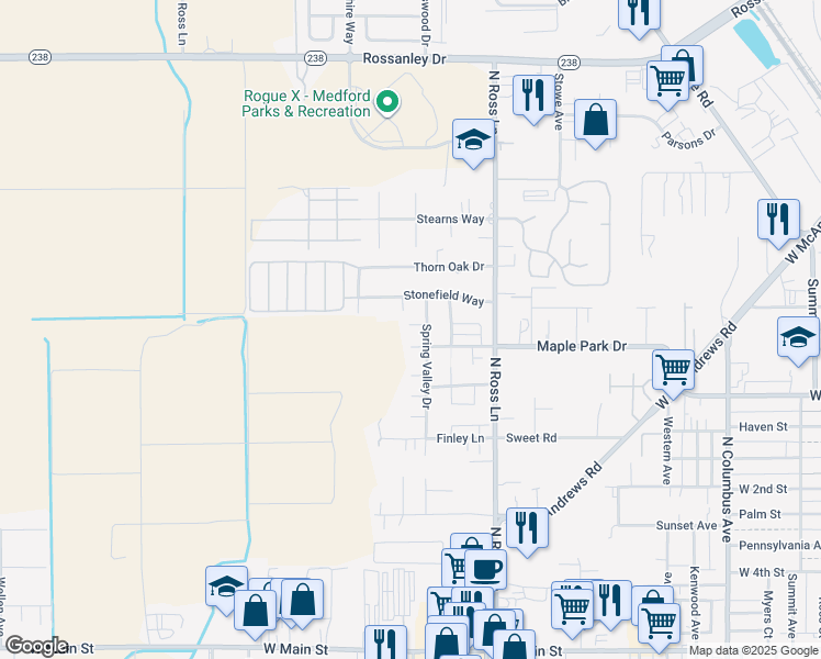 map of restaurants, bars, coffee shops, grocery stores, and more near 747 Spring Valley Drive in Medford