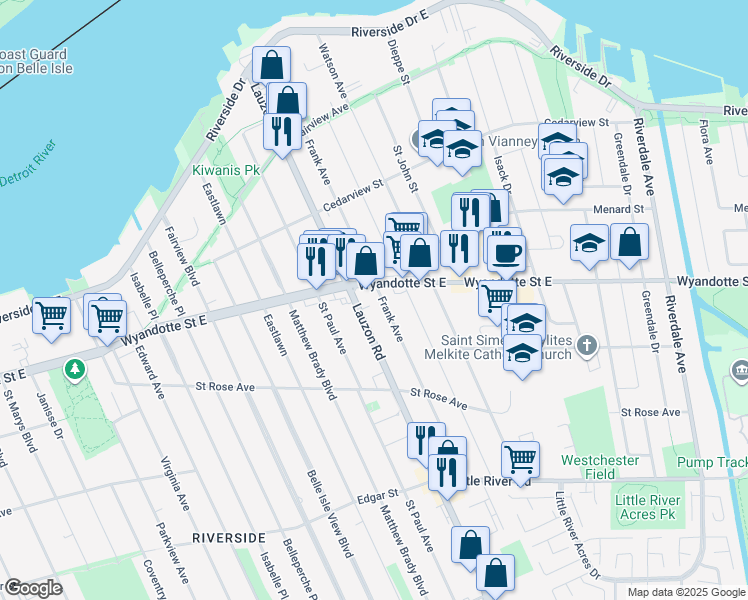 map of restaurants, bars, coffee shops, grocery stores, and more near 819 Frank Avenue in Windsor