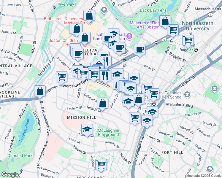 map of restaurants, bars, coffee shops, grocery stores, and more near in Boston