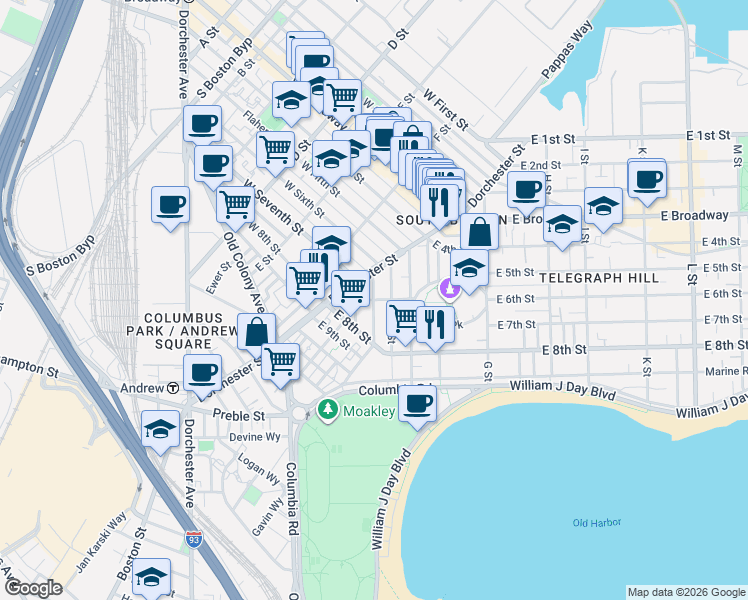 map of restaurants, bars, coffee shops, grocery stores, and more near Telegraph Street in Boston