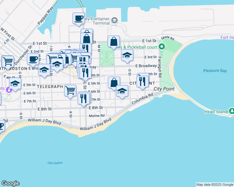 map of restaurants, bars, coffee shops, grocery stores, and more near 741 East 6th Street in Boston