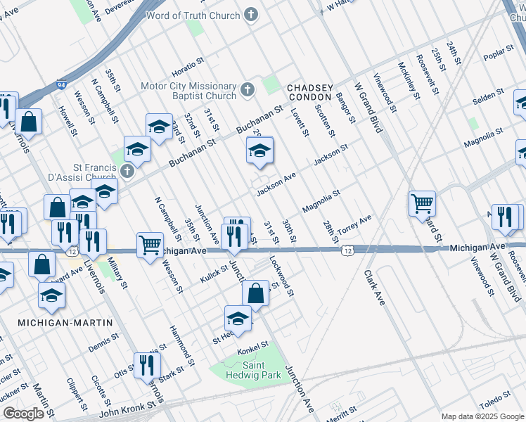 map of restaurants, bars, coffee shops, grocery stores, and more near 3856 31st Street in Detroit