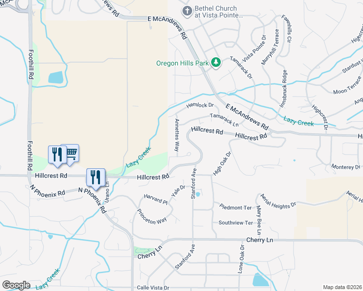 map of restaurants, bars, coffee shops, grocery stores, and more near 3816 Annettes Way in Medford
