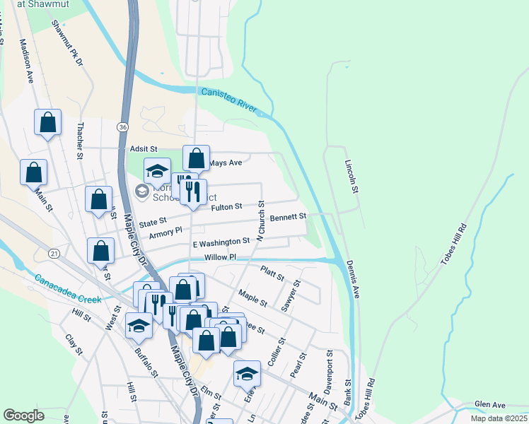 map of restaurants, bars, coffee shops, grocery stores, and more near 99 North Church Street in Hornell