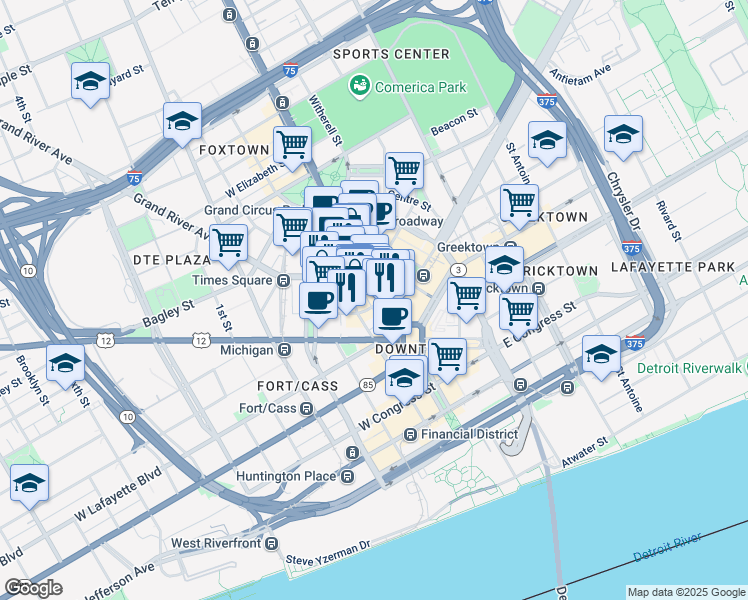 map of restaurants, bars, coffee shops, grocery stores, and more near 1201 Woodward Avenue in Detroit