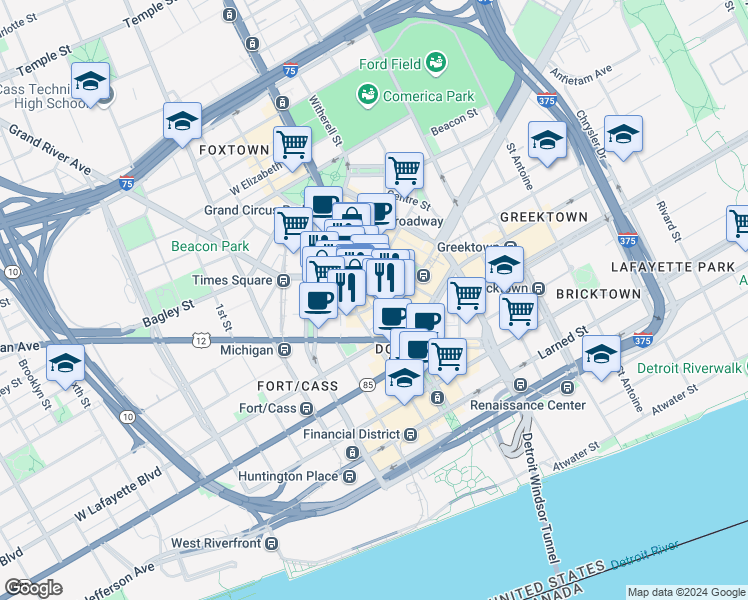map of restaurants, bars, coffee shops, grocery stores, and more near 1201 Woodward Avenue in Detroit