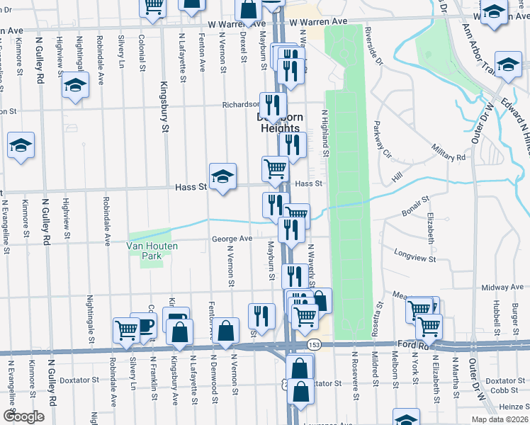 map of restaurants, bars, coffee shops, grocery stores, and more near 6173 Mayburn Street in Dearborn Heights