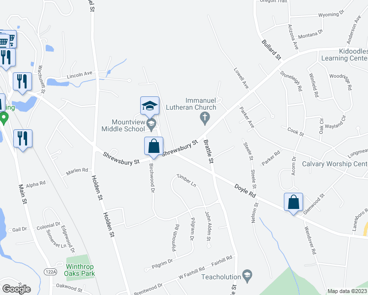 map of restaurants, bars, coffee shops, grocery stores, and more near 327 Shrewsbury Street in Holden