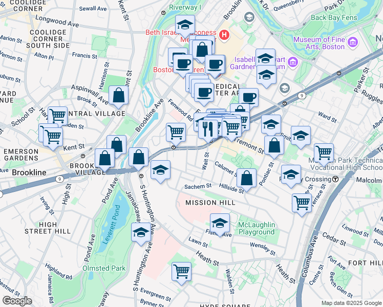 map of restaurants, bars, coffee shops, grocery stores, and more near 800 Huntington Avenue in Boston
