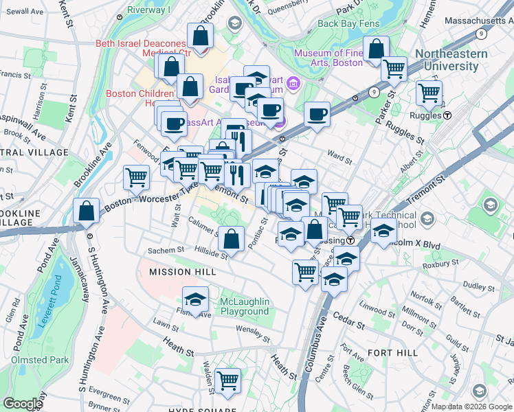 map of restaurants, bars, coffee shops, grocery stores, and more near Tremont St & St Alphonsus St in Boston