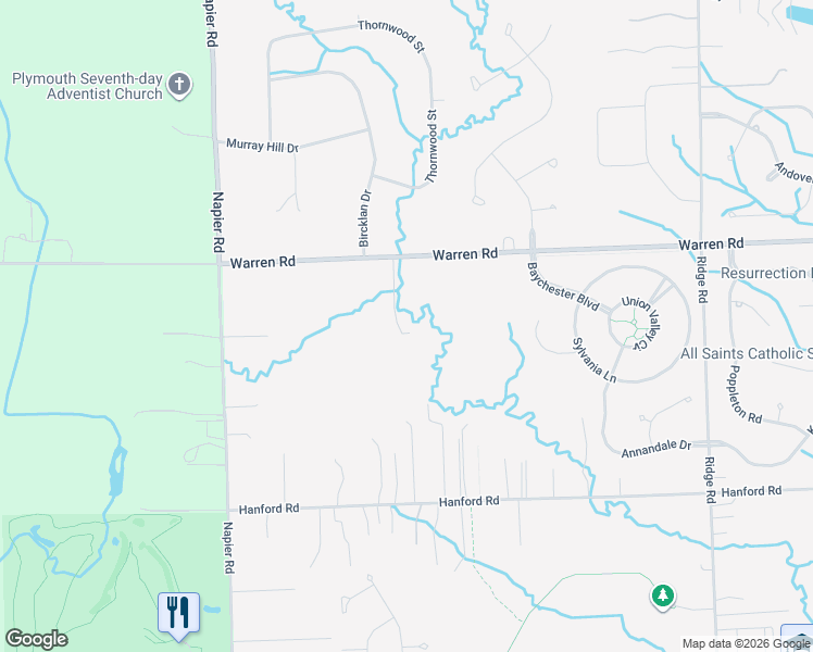 map of restaurants, bars, coffee shops, grocery stores, and more near 50801 Warren Road in Canton