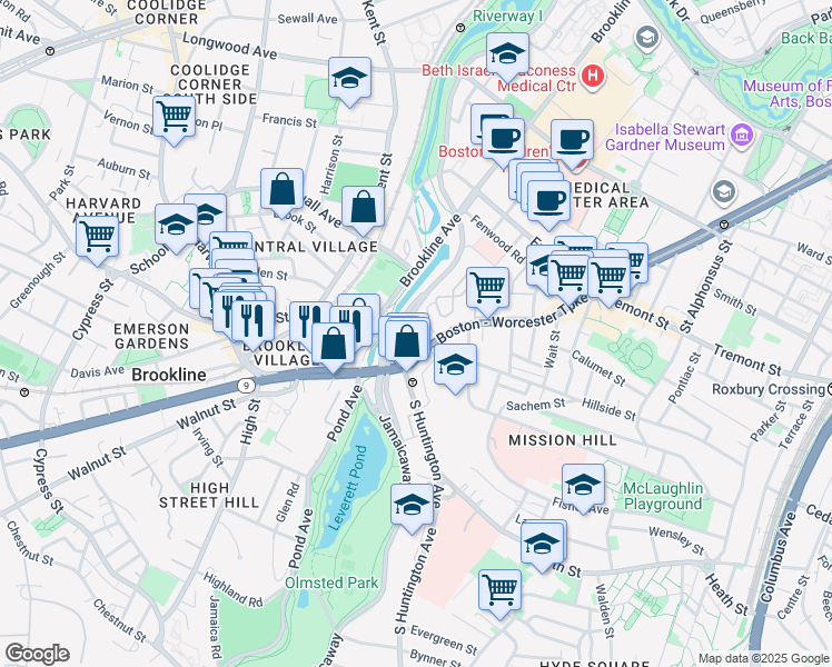map of restaurants, bars, coffee shops, grocery stores, and more near 382 Riverway in Boston