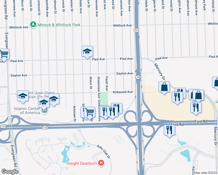 map of restaurants, bars, coffee shops, grocery stores, and more near 6030 Faust Avenue in Detroit