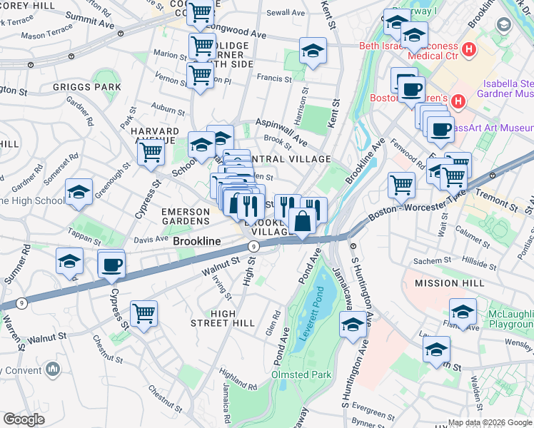 map of restaurants, bars, coffee shops, grocery stores, and more near 30 Station Street in Brookline