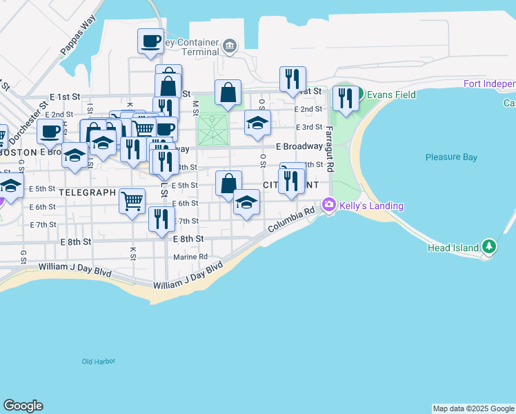 map of restaurants, bars, coffee shops, grocery stores, and more near 1 O Street Place in Boston