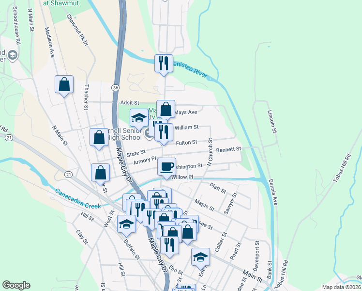 map of restaurants, bars, coffee shops, grocery stores, and more near 23-25 Fulton Street in Hornell