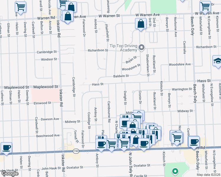 map of restaurants, bars, coffee shops, grocery stores, and more near 6317 North Charlesworth Street in Dearborn Heights
