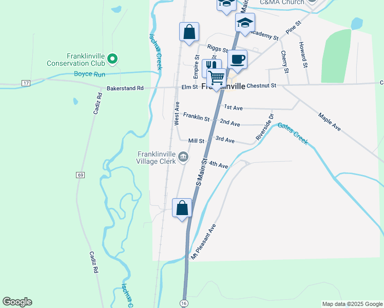 map of restaurants, bars, coffee shops, grocery stores, and more near 12 Pennsylvania Ave in Franklinville