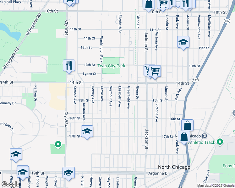 map of restaurants, bars, coffee shops, grocery stores, and more near 1432 Elizabeth Avenue in North Chicago