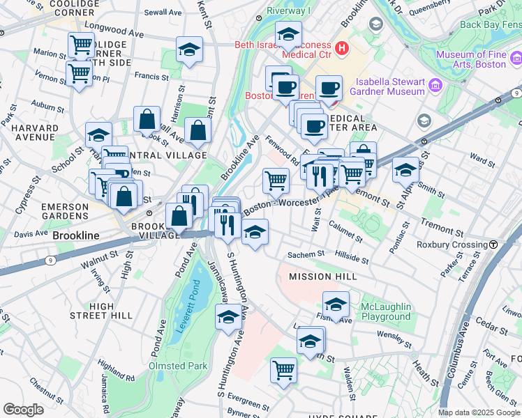 map of restaurants, bars, coffee shops, grocery stores, and more near 852 Huntington Avenue in Boston